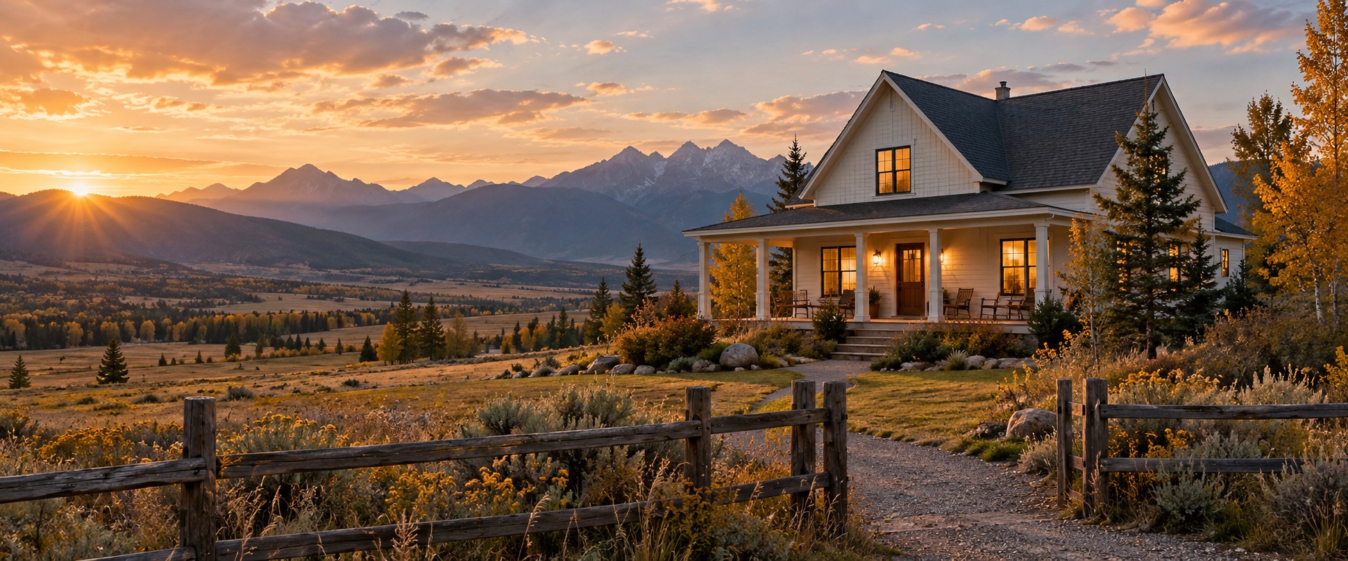 A welcoming homestead with warm windows and a porch in the Western foothills.