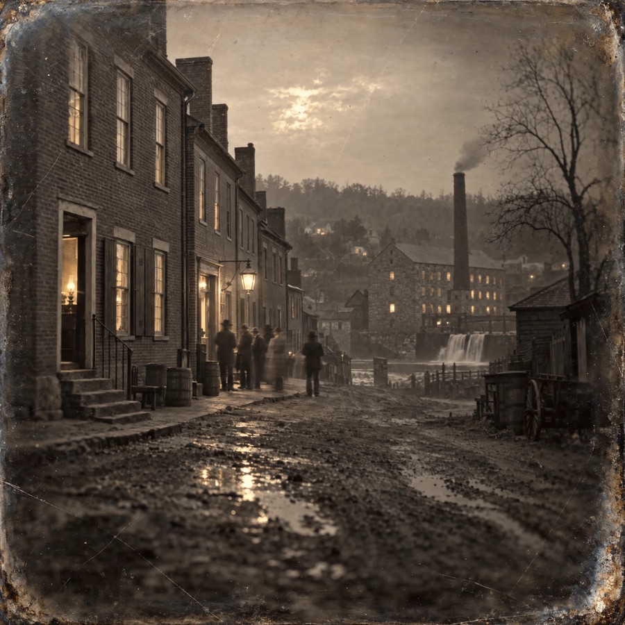 An early silvery photograph of a brick row house on a dirt street in a Pennsylvania mill town, lamplight in the open doorway.