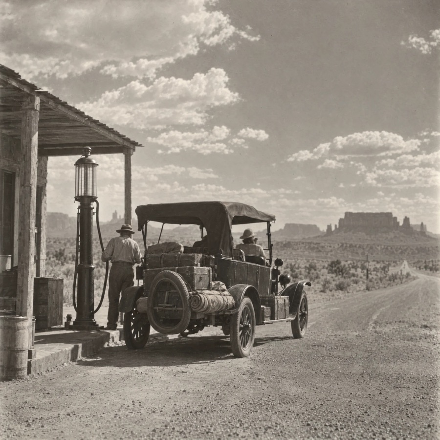 A black-and-white snapshot of a loaded touring car at a lone desert filling station.
