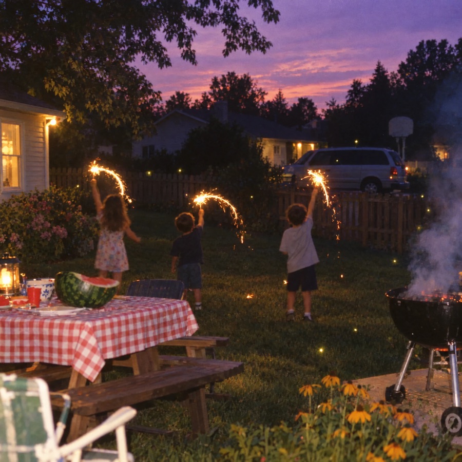 A flash snapshot of kids waving sparklers in a backyard at dusk.