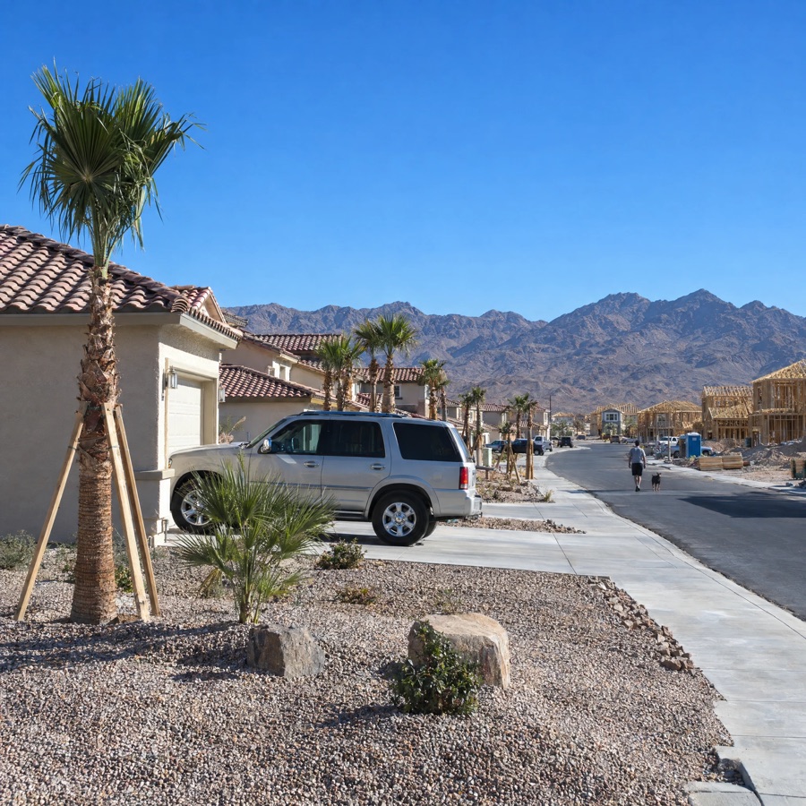 A new stucco house with staked palm trees and an SUV in a desert subdivision.