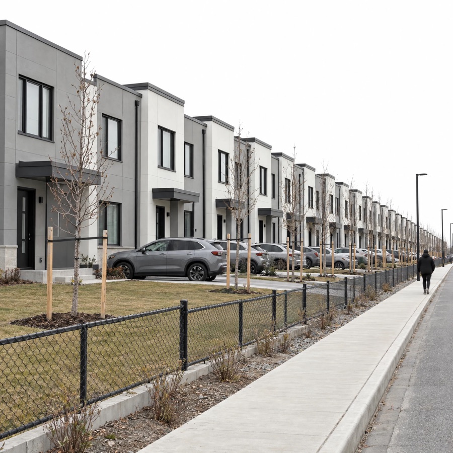 A row of identical grey boxy rental houses under a white sky.