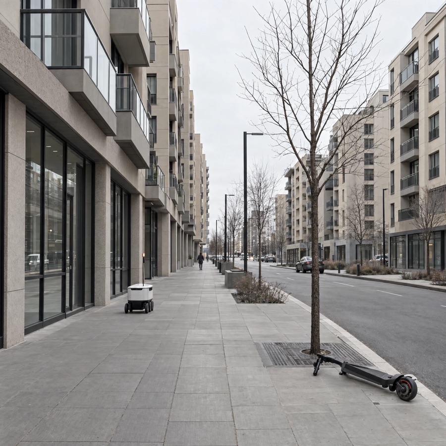 An empty sidewalk between identical beige apartment blocks, a delivery robot rolling past.